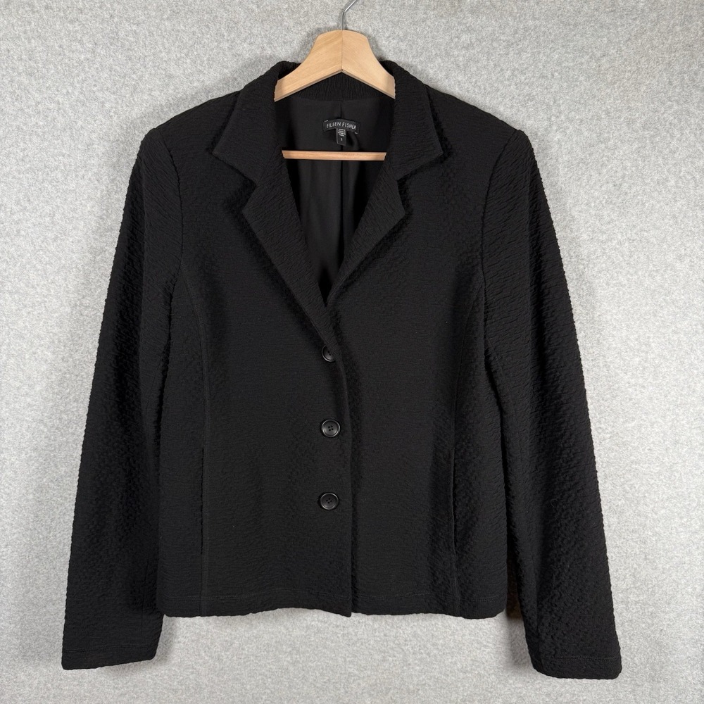 Eileen fisher blazer jacket womens small black cotton blend button front‎ crepe